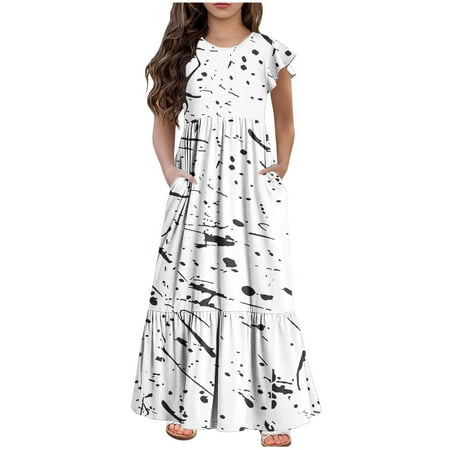 

Geire Stylish Girls Summer New Long Dress Printed Short Sleeve Casual Round Collar Loose Dresses For Summer Party Holiday Aged 6-12 Years