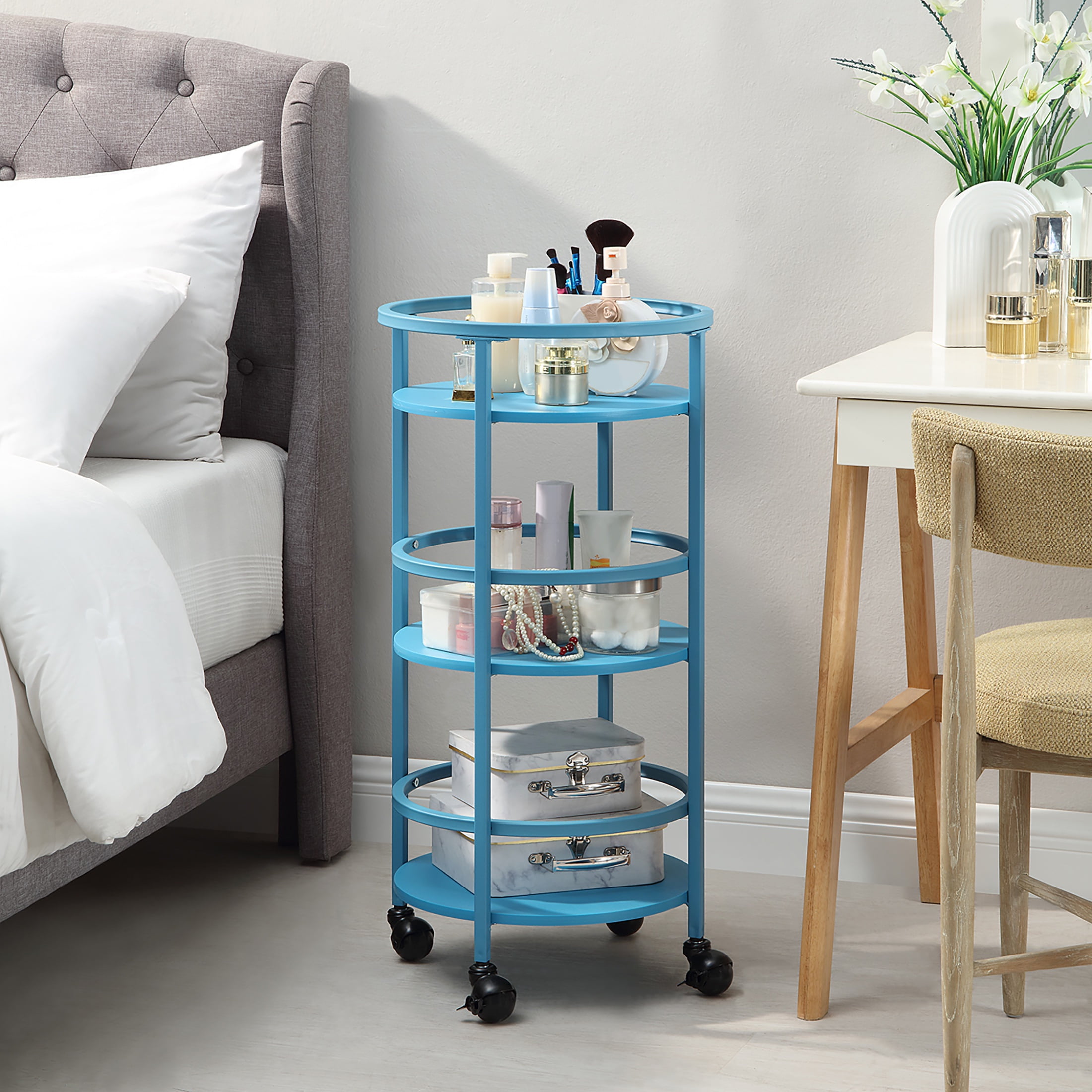 Mainstays 32" 3-Tier Rolling Round Kitchen Bar Storage Cart, Blue