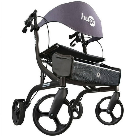 Hugo Explore Side-Fold Rollator Walker with Seat, Backrest and Folding Basket, Pearl Blk
