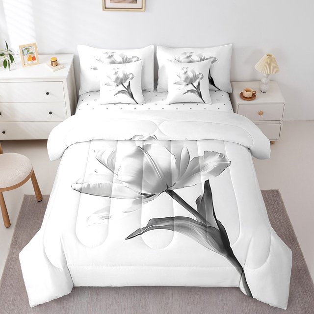 Erosebridal Floral Print Bedding Sets Full Size, Ink Botanical Comforter Sets with Sheets, Grey, Reversible 7-Piece