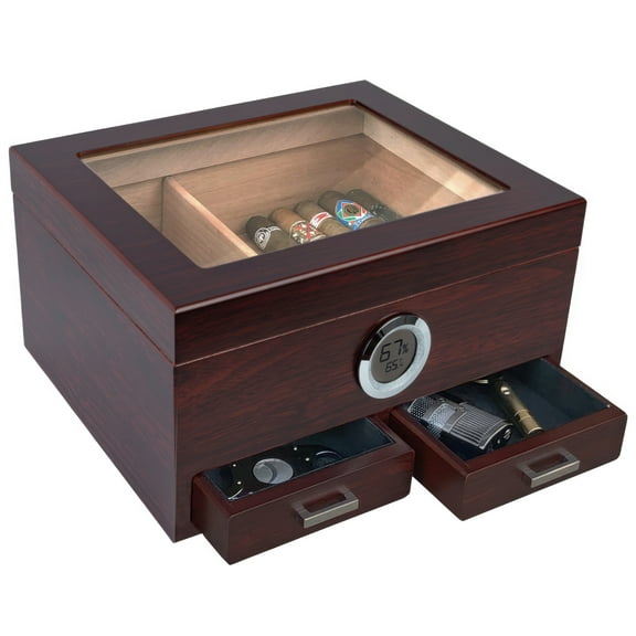 Prestige Import Group Chalet Glass Top Cigar Humidor with Digital Hydrometer & 2 Storage Drawers - 25 to 50 Capacity - Color: Cherry