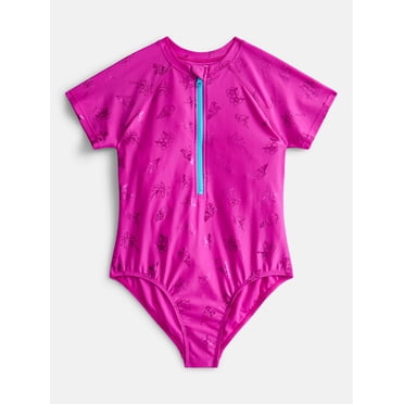 Wonder Nation Girls Zip-Up Rash Guard One-Piece Swimsuit with Short Sleeves, Sizes 4-18