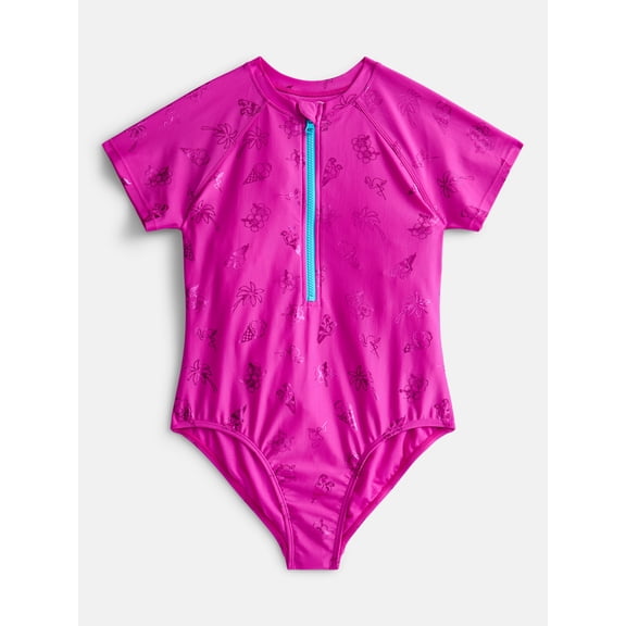 Wonder Nation Girls Zip-Up Rash Guard One-Piece Swimsuit with Short Sleeves, Sizes 4-18