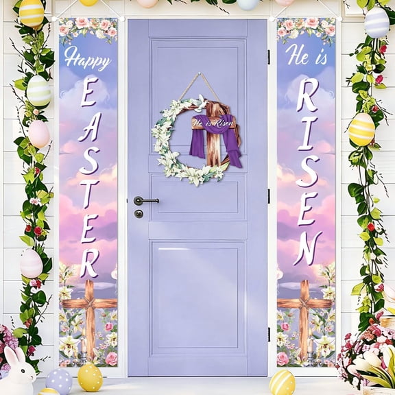 3Pcs Easter Decorations He Is Risen Porch Sign Banner and Wood Sign Garland Door Decor Classroom Easter Party Decorations for Home Outdoor Indoor