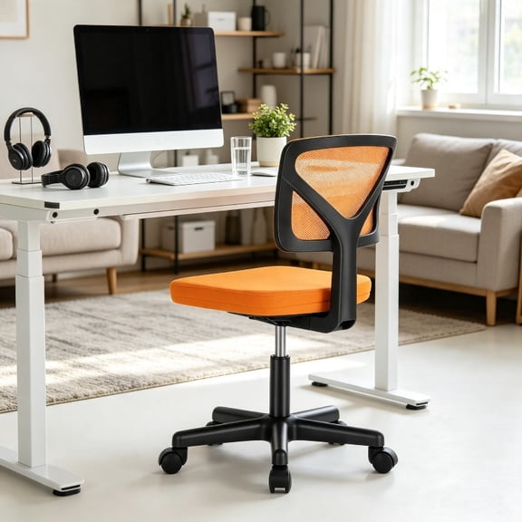 Low‑Back Mesh Armless Office Chair, 360° Swivel Rolling Computer Desk Chair with Lumbar Support, No Arms Task Chair for Home Office,Orange