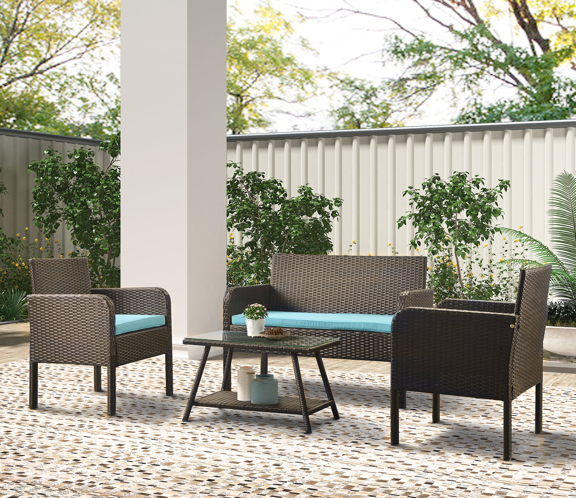 4 PCS Outdoor Garden Patio Furniture Set Cushion Rattan Wicker Chair Bistro Set 