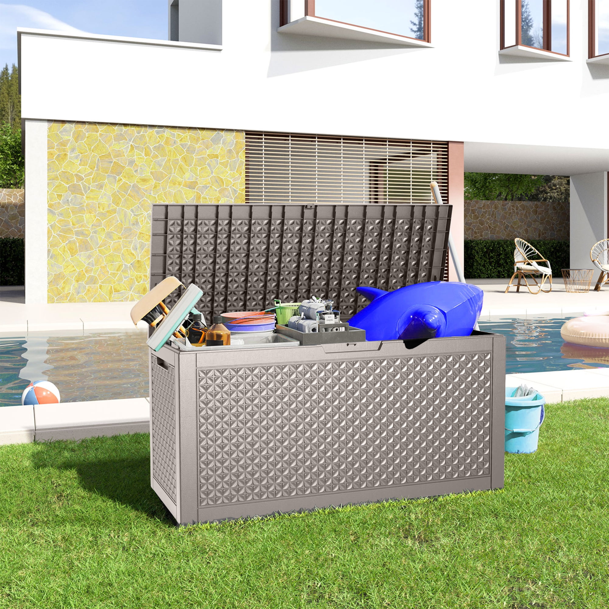 MAYEERTY 100 Gallons Large Deck Box, Large Capacity Storage Box for Patio Furniture Cushions, Pillow Outdoor Indoor, Light Brown