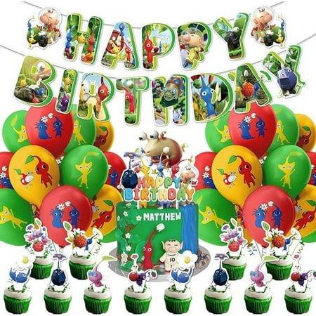 Pikmin Party Supplies Captain Olimar Video Game Birthday Party Decorations with Happy Birthday Banner Cake Topper Balloons for Kids(1)