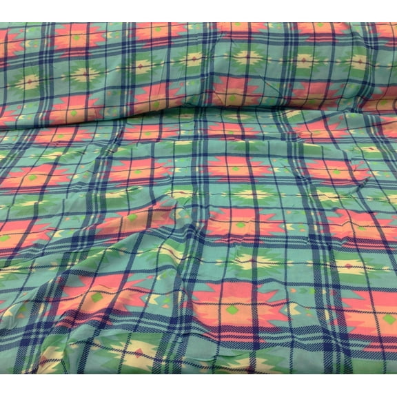 Challis Rayon Apparel Fabric Aztec Plaid Pink Orange Green Blue Cream F520