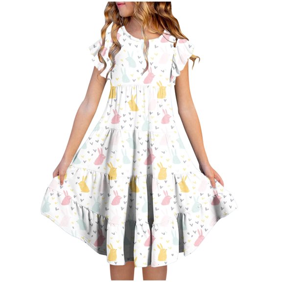Riecok 6 - 15 Years Old Girls' Summer Short - Sleeved Round - Neck Easter - Printed Waist - Gathering Pocket Tiered Dress Multicolor 6-7 Years