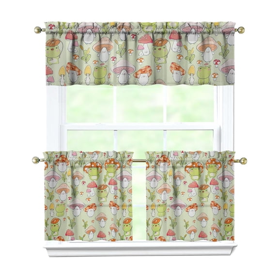 Kitchen Curtains 24 Inch Short - 3 Panel Set, Cute Cartoon Frog and Mushroom Print, Rod Pocket Window Curtain, 100% Polyester for Farmhouse, Forest Nature Decor, Easy Wash
