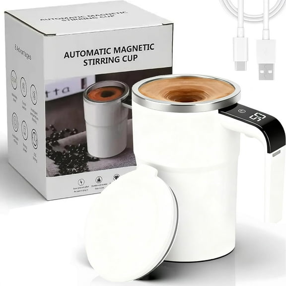 SpinBrew Mug – Automatic Stirring Magnetic Coffee Cup with Temp Display, Spin Brew Mug, Rechargeable Stirring Mug, for Coffee, Milk and Other Beverages (White)