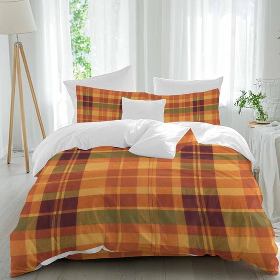 Brown Green Grid Queen Duvet Cover Set, Vintage Rustic Minimalist Gingham Plaid 4 Piece Microfiber Bedding Set with Zipper Closure, Bed Sheet and 2 Pillow Shams, Soft Bedding Cover