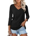 thumbnail image 2 of Up To 50% Off Basic Tee Tops 2025 Women's V Neck 3/4 Sleeve Tops Color Block/Solid Shirts Basic Summer Tees, 2 of 7