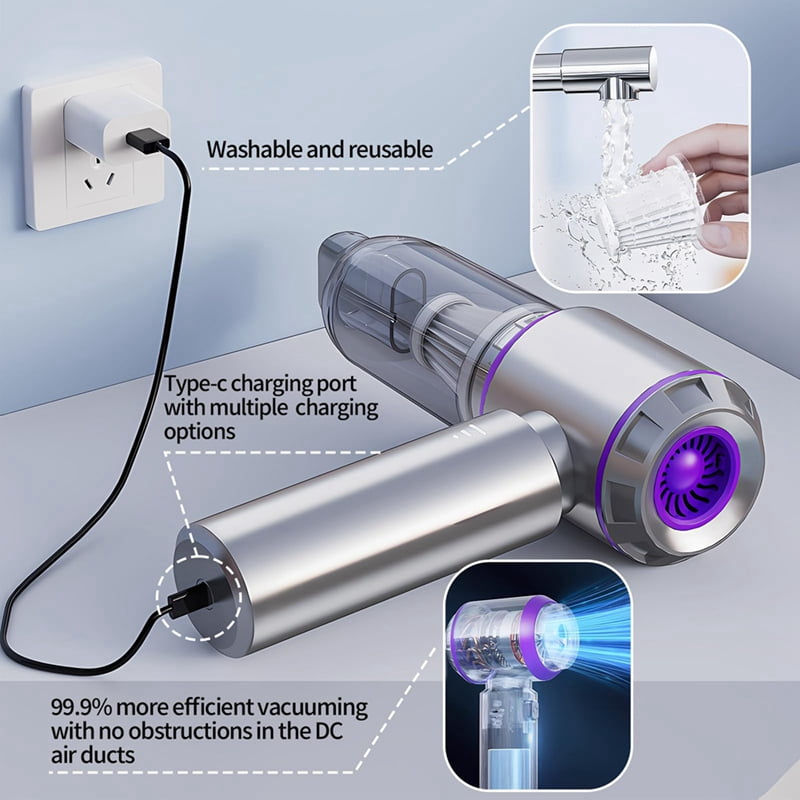 Car Vacuum Portable Cordless Mini Vacuum Cleaner Compressed Air Duster&Air Blower&Pump Hand Held Vacuum Silver