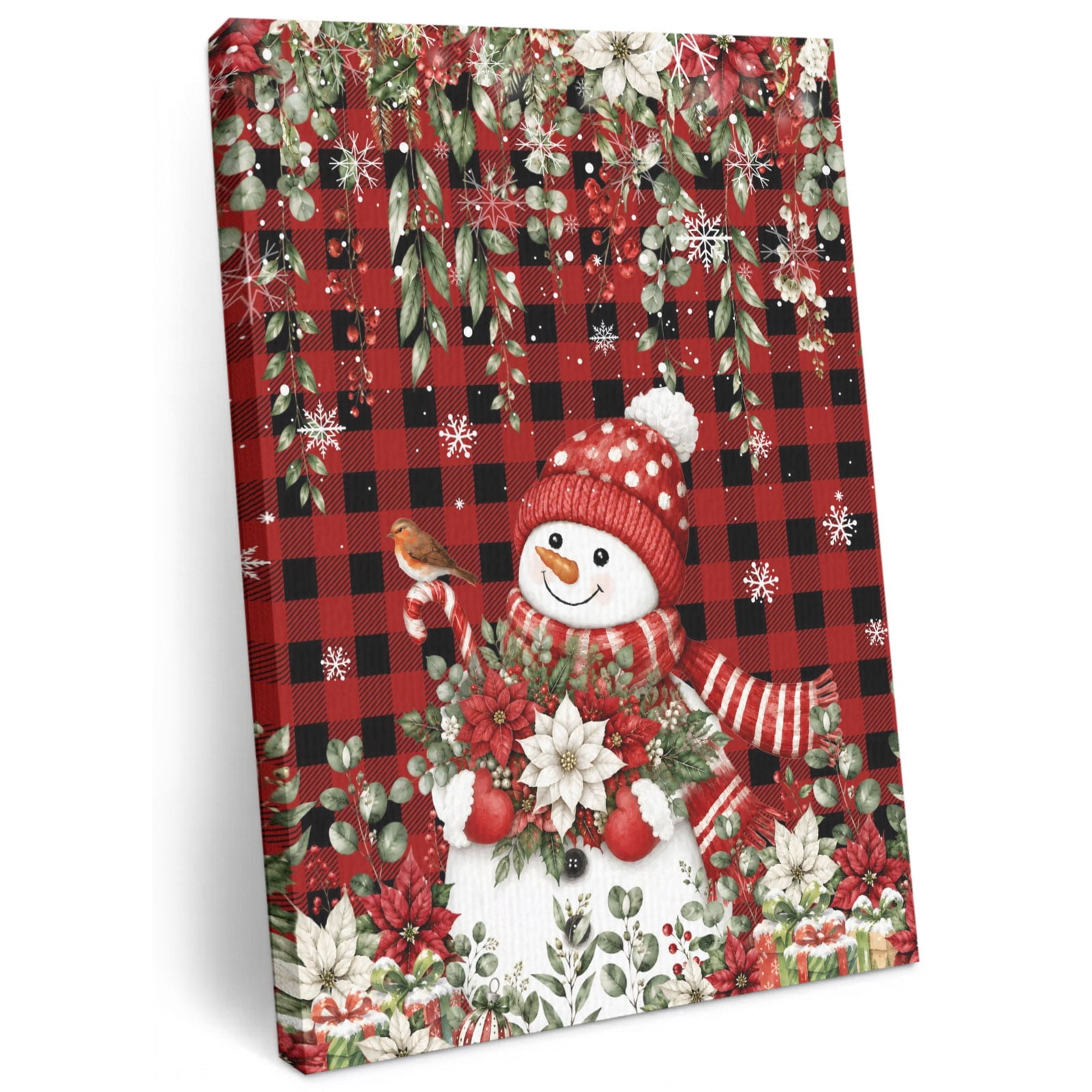 Christmas Winter Canvas Wall Art for Living Room Rustic Snowman Red White Poinsettia Red Gingham Poster Print Painting for Open Concept Living Space Decoration Wall Pictures Prepare To Hang 20 x30