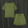 thumbnail image 3 of Scyoekwg Lounge Sets for Women 2 Piece Cotton Linen Loose Solid Color Trendy Short Sleeve Round Neck Tops Shorts Sweatsuits Sets Casual Outfits (Army Green,XL), 3 of 8