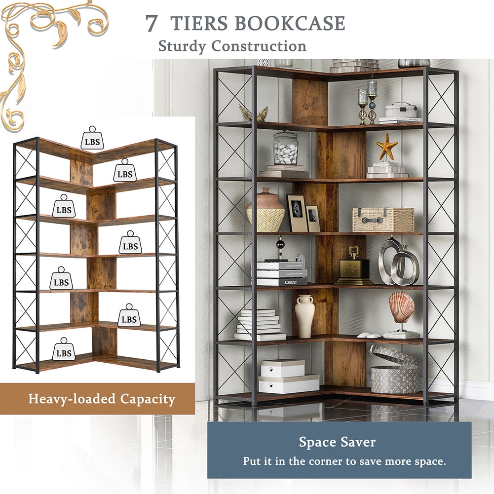 Resenkos 7-Tier Bookcase Home Office Bookshelf,L-Shaped Corner Bookcase with Metal Frame,Industrial Style Shelf with Open Storage,Brown