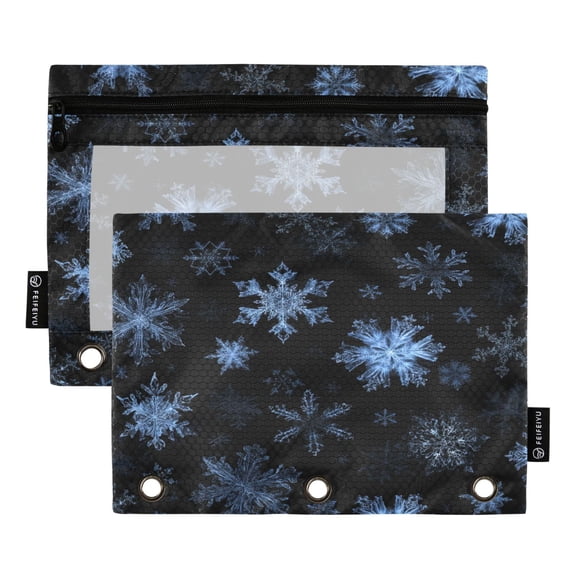 2 Pack 3 Ring Binder Pouch with Clear PVC Window Water Resistant Zipper Pencil Pouch Pale Blue Chrimas Snowflake Binder Pocket for Classroom Office Home Stationery Organization
