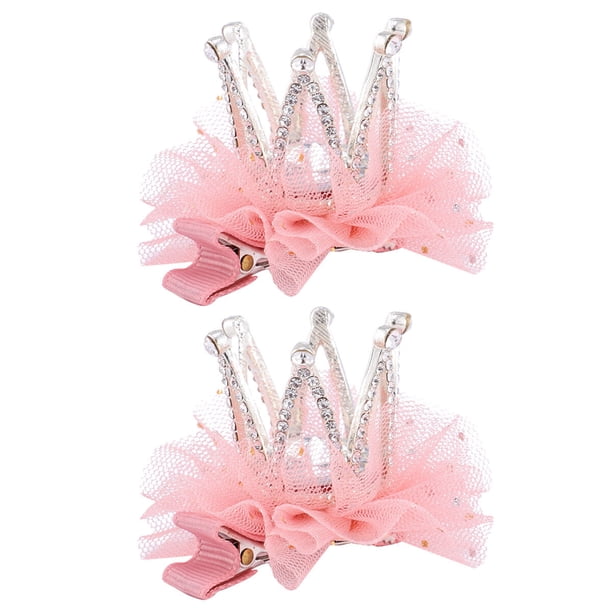 2 horquillas de malla tridimensionales con forma de corona y diamantes para el pelo, accesorios para niñas (rosa)