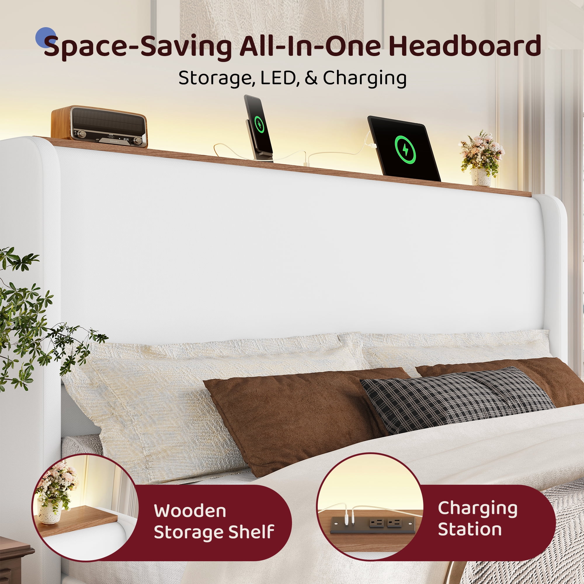 Breltam Upholstered Platform Bed with Wingback Headboard, Queen Size Bed with LED Lights and Charging Station, White
