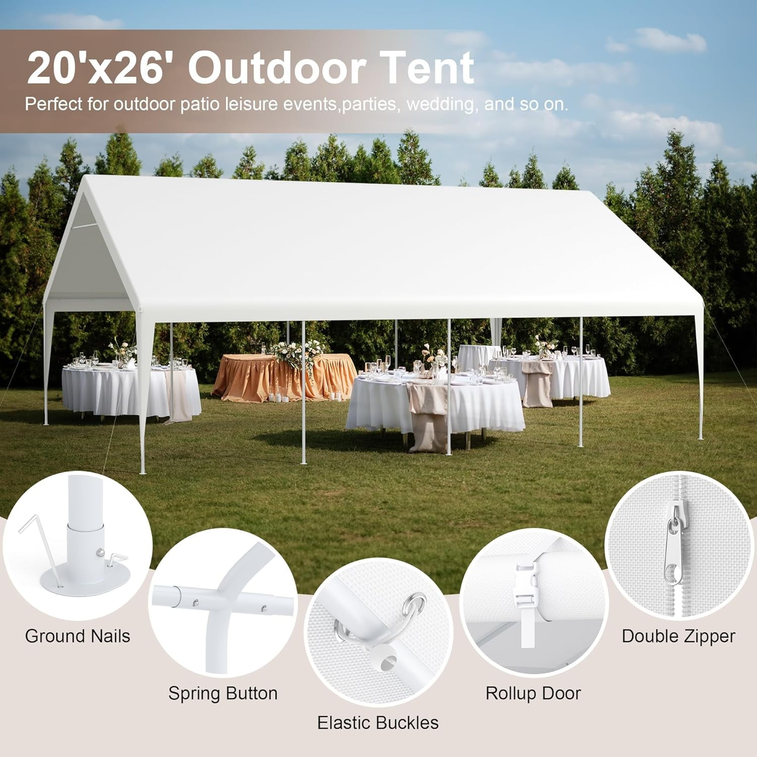 20' x 20' Heavy Duty Carport with Roll-up Visual Windows, Reinforced Party Tent with Removable Sidewalls & Doors for Parties, Wedding, Outdoor Events, Car Canopy with All-Season Tarp, White