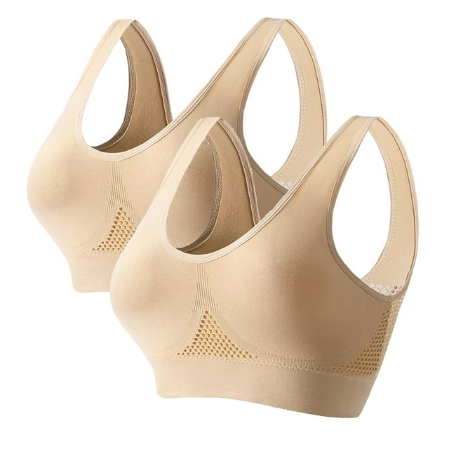 Xfvqtps 2PC Large Size Sports Bras for Women Mesh Hollow out Wireless Standard Strap Solid Color Elastic Pullover Comfortable Breathable Yoga Bra Skin*2