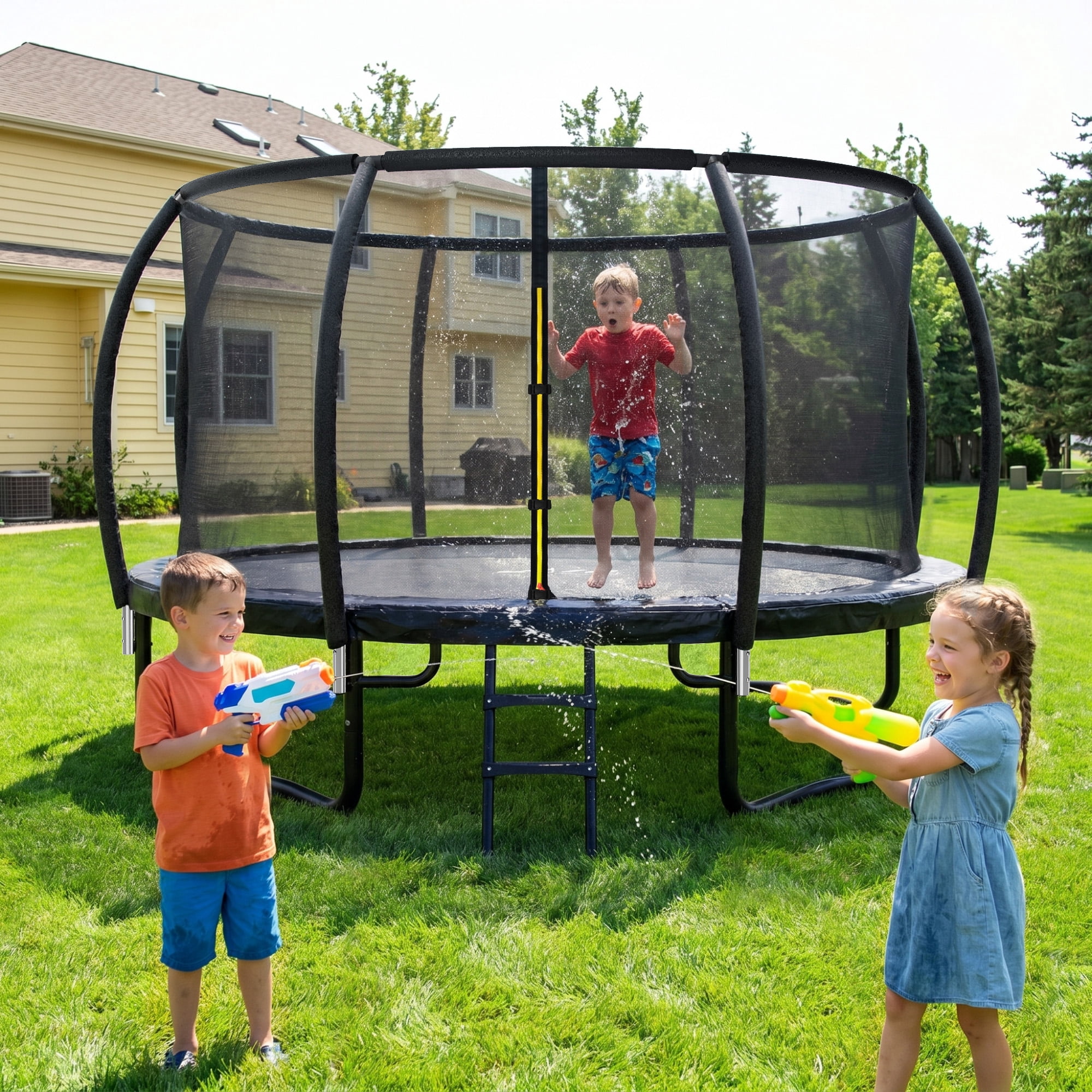 12FT Trampoline for Kids and Adults, Recreational Outdoor Trampoline with Enclosure Net & Ladder, Anti-Rust Bounce Trampoline