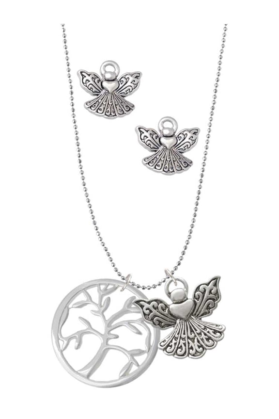 Silvertone Tree of Life in Circle Silver tone Guardian Angel Charm Necklace and Stud Earrings