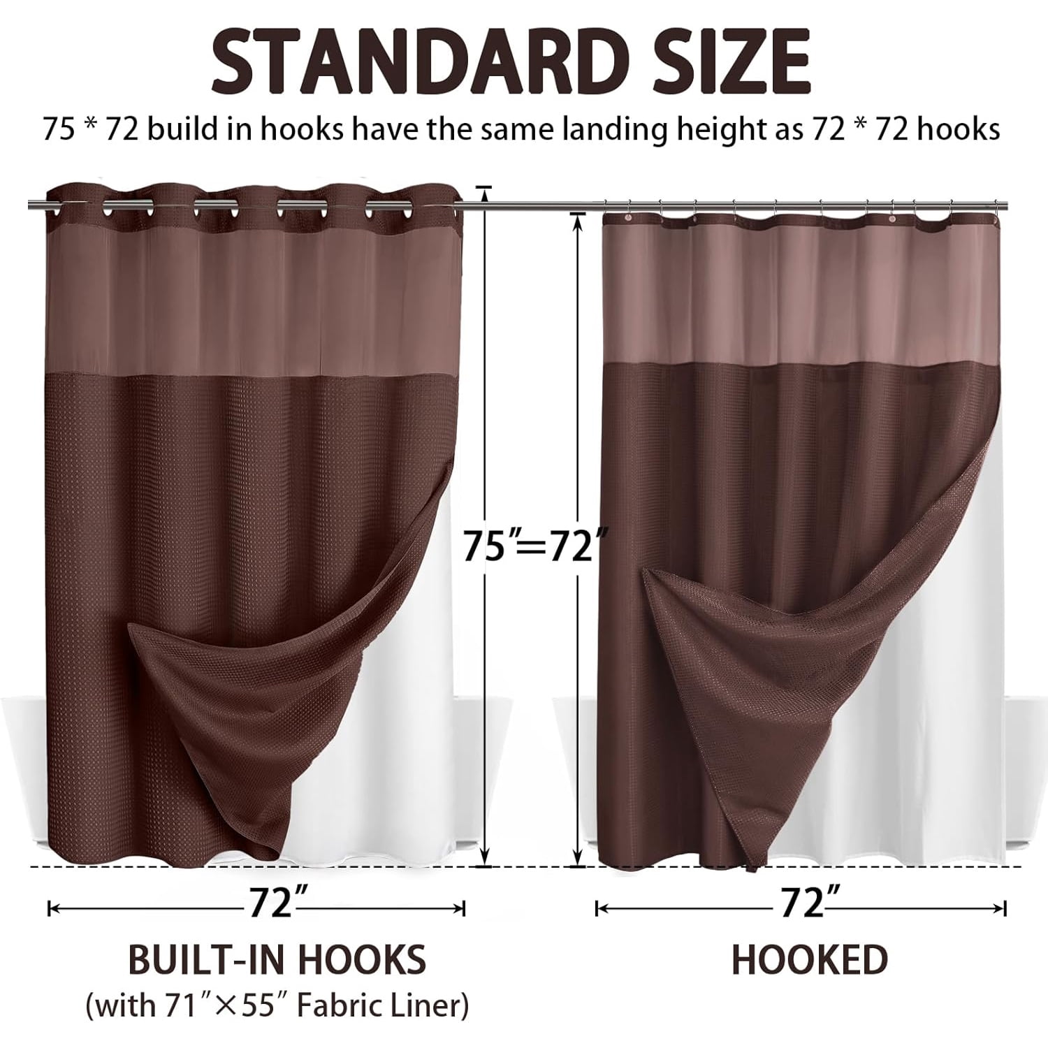 DawnJoanHD Waffle Weave No Hook Shower Curtain with Snap-in Liner, Brown Polyester Fabric with See-Through Top Window, 72" x 75"