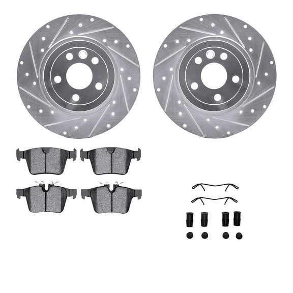 Dynamic Friction Company Rear Brake Rotors-Drilled and Slotted-Silver with 5000 Advanced Brake Pads includes Hardware 7512-11028