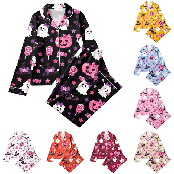 CUZIBR Baby Pajamas For Girls Halloween Long Sleeve Bow Print Button Down Shirt And Pants 2 PC Sleepwear Ghost Pumpkin Witch Graphic Lapel Smooth Leisure Casual Daily Nightwear,Black,2-3 Years