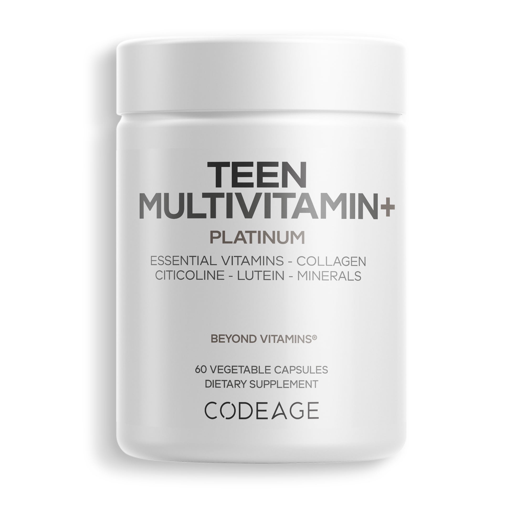 Codeage Teen Multivitamin+ Platinum Supplement - Vitamins A, C, D3, E, K2, B6, B12, Minerals, Probiotics, Citicoline, Collagen, Bone Broth, Folate, Biotin, Lutein, Zeaxanthin - Non-GMO - 60 Capsules