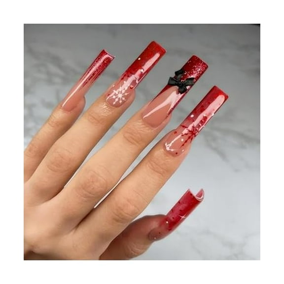 OAO xl Nails Press Ons Long Square Press on Nails Red Snowflake Designs False Nails Full Cover Artificial Acrylic Gel Fake Nails Gift for Women 24pcs