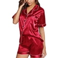 thumbnail image 3 of Ensemble de Nuit à Manches Courtes, Chemise Boutonnée, Short de Nuit pour Femme, Pyjama d'Été, Rouge Vin, TTG, 3 of 6