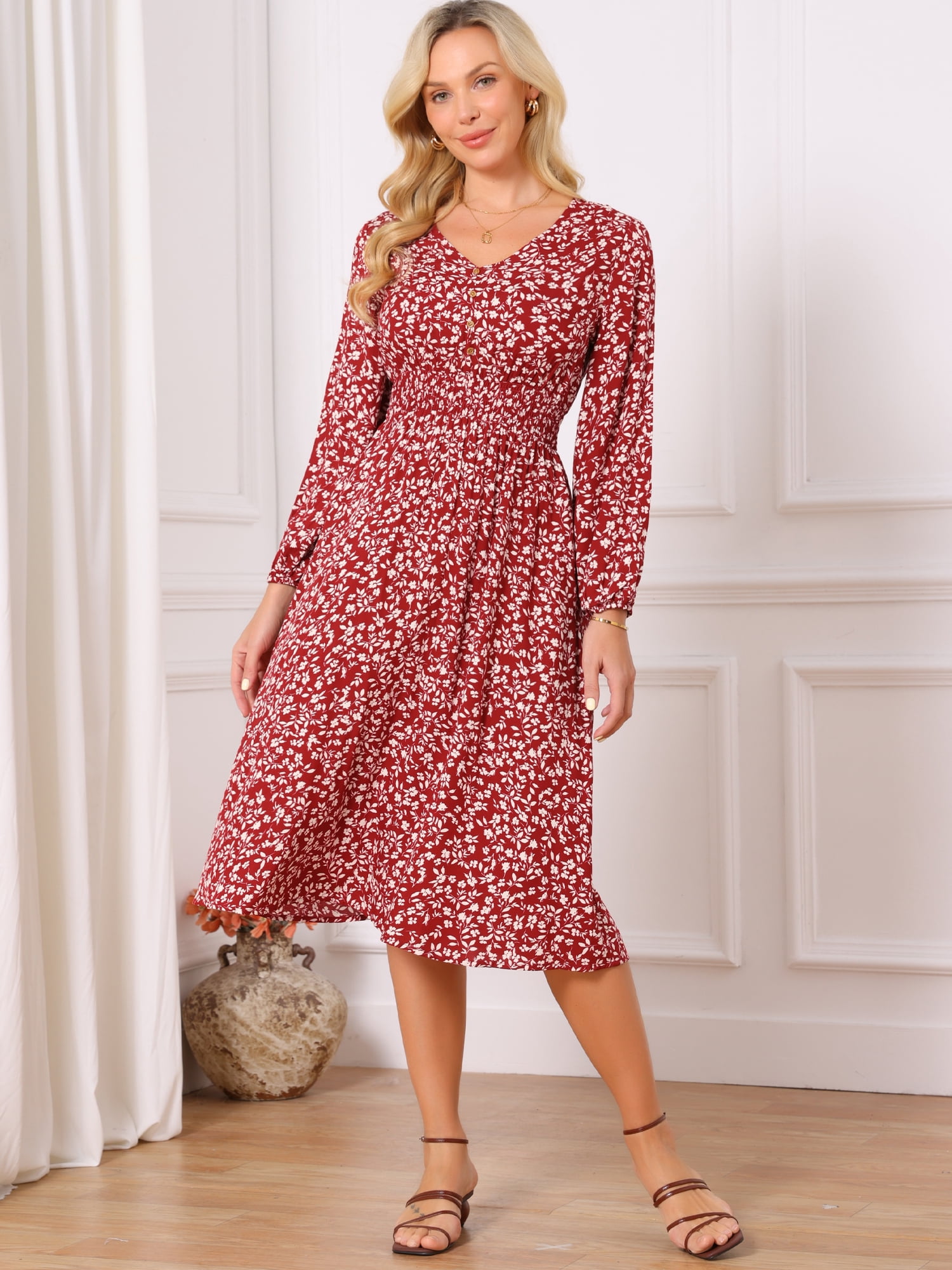 DARING DIVA Fall Long Sleeve Midi Floral Boho Dress L Red
