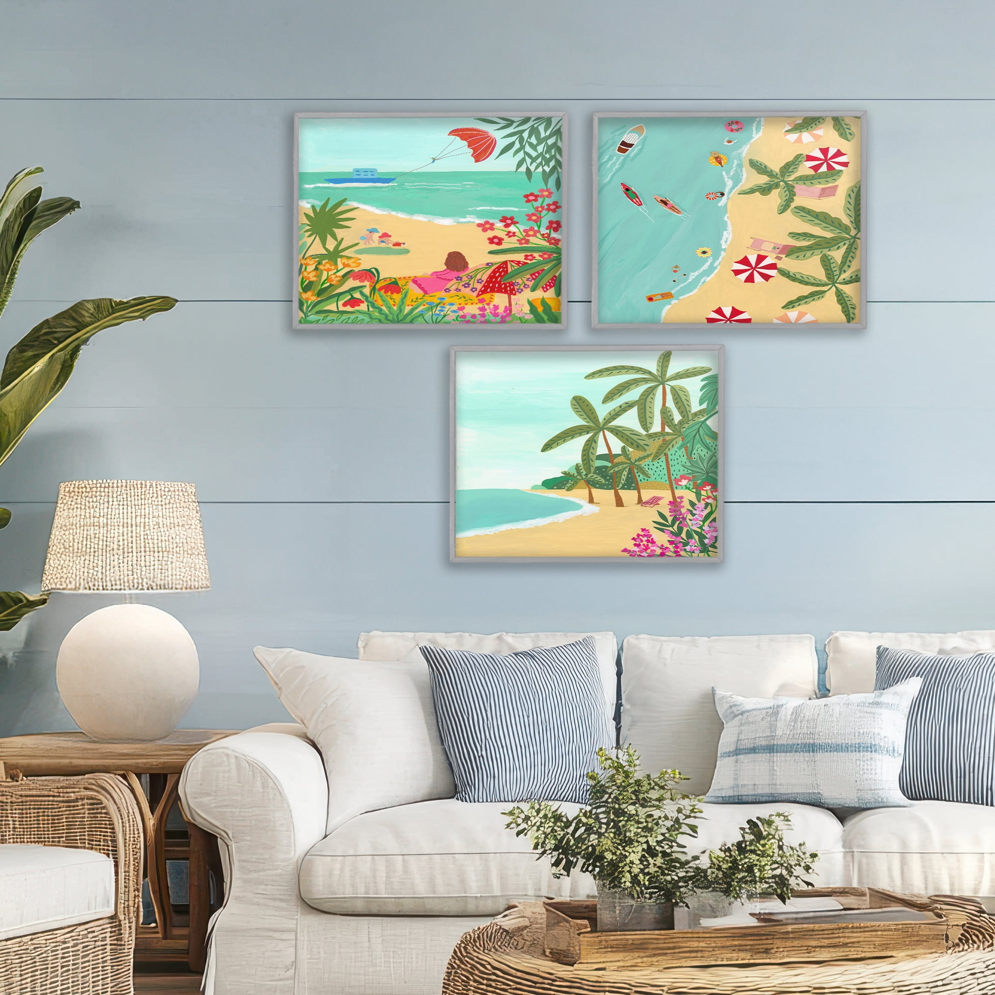 Busy Beach And Flowers 3 Piece Gray Framed Giclee Art Set, design by Nabeela Rumi