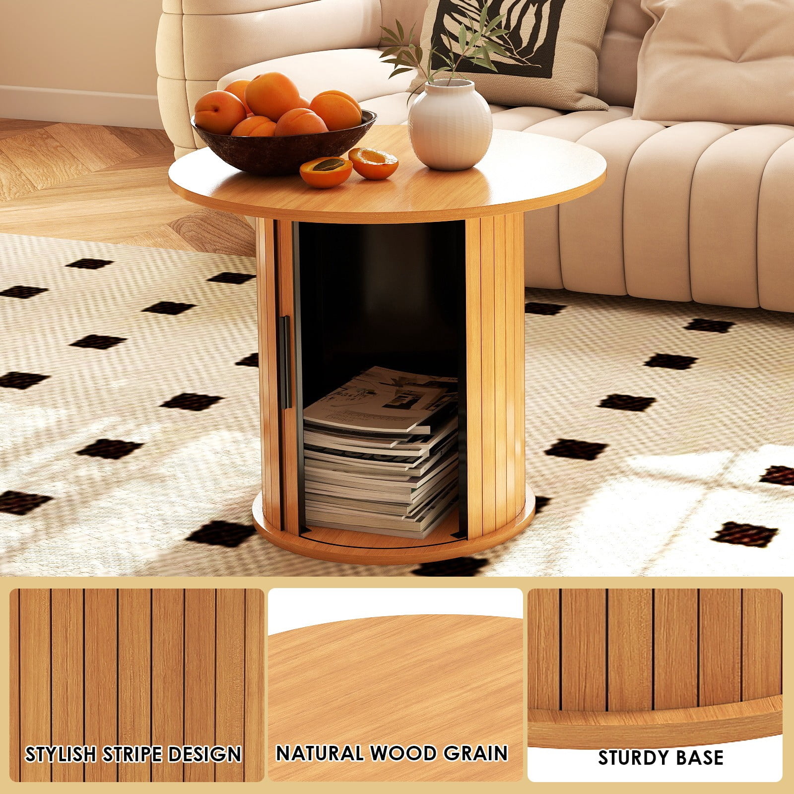 23.6" Round Coffee Table Wood Side End Table Nightstand Farmhouse for Small Spaces w/Hidden Storage,Sliding Door Living Room,Bedroom(Light Brown)