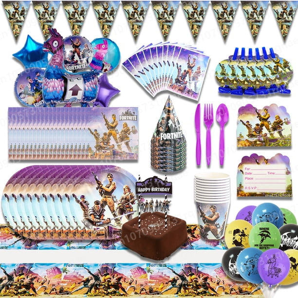 Decoración de fiesta de cumpleaños, suministros para eventos temáticos de Fortnites de dibujos animados, juego de pajitas de plástico, plato, servilleta, globos, pegatinas, adorno para pastel