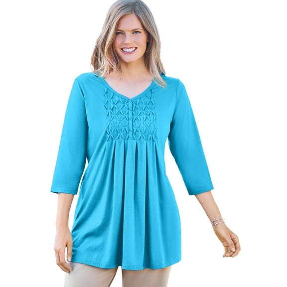 Woman Within Plus Size Smocked Henley Trapeze Tunic