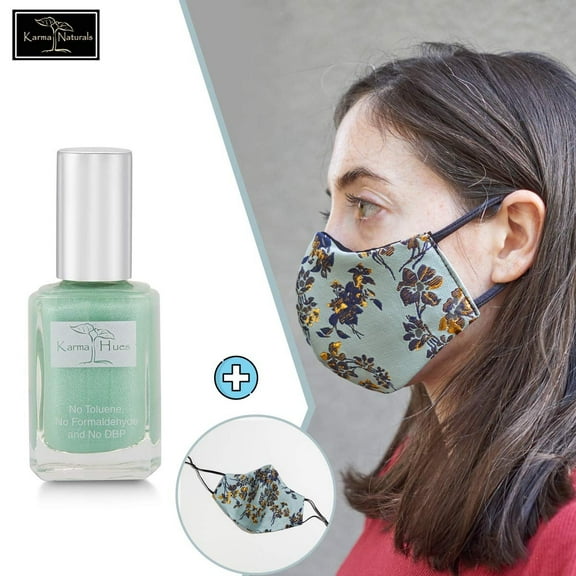 Karma Naturals Nail Polish - Non-Toxic Vegan and Cruelty-Free Nail Paint with Matching Mask Breathable Washable Reusable Face Cover for Men & Women (Aqua Gold Floral Mask)