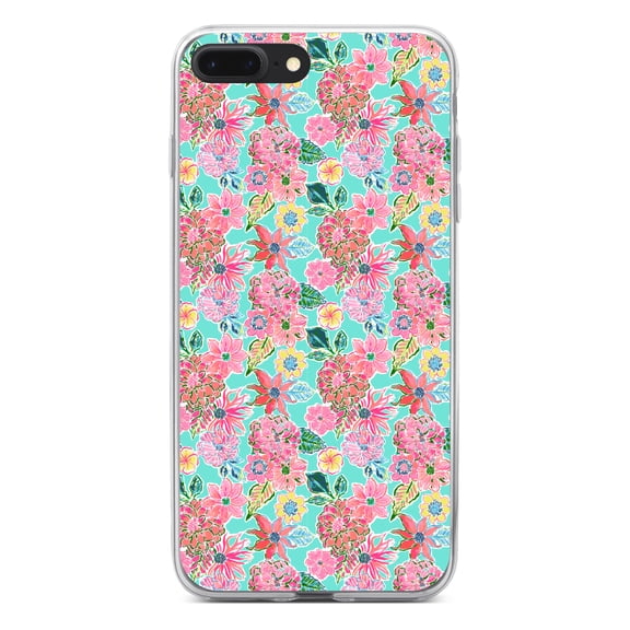 DistinctInk Clear Shockproof Hybrid Case for iPhone 7 PLUS / 8 PLUS (5.5" Screen) - TPU Bumper, Acrylic Back, Tempered Glass Screen Protector - Preppy Pattern - Pink Flowers on Teal Background