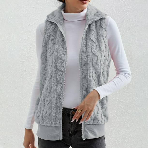 Puntoco Chaqueta de color liso con bolsillo para mujer, abrigo holgado con solapa sin mangas de felpa Puntoco Puntoco-893