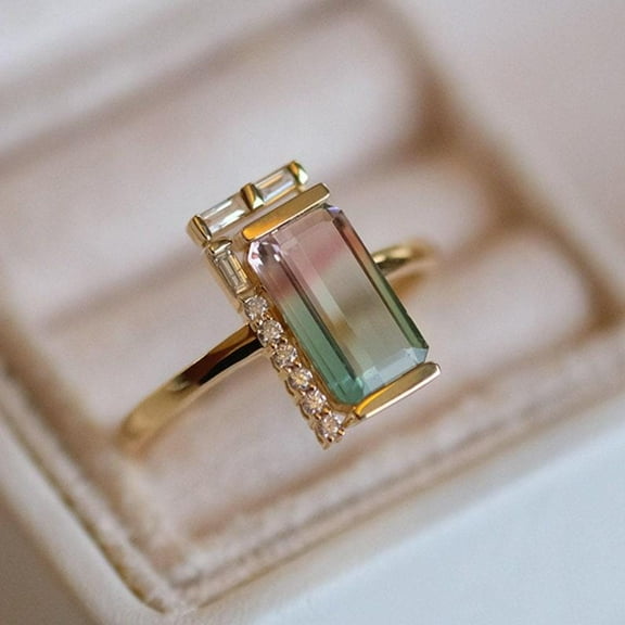 Emerald Cut Watermelon Tourmaline Promise Ring, Yellow Gold Plated, Diamond Promise Ring, Crystal Ring, Handmade Fine Jewelry Gift For Her