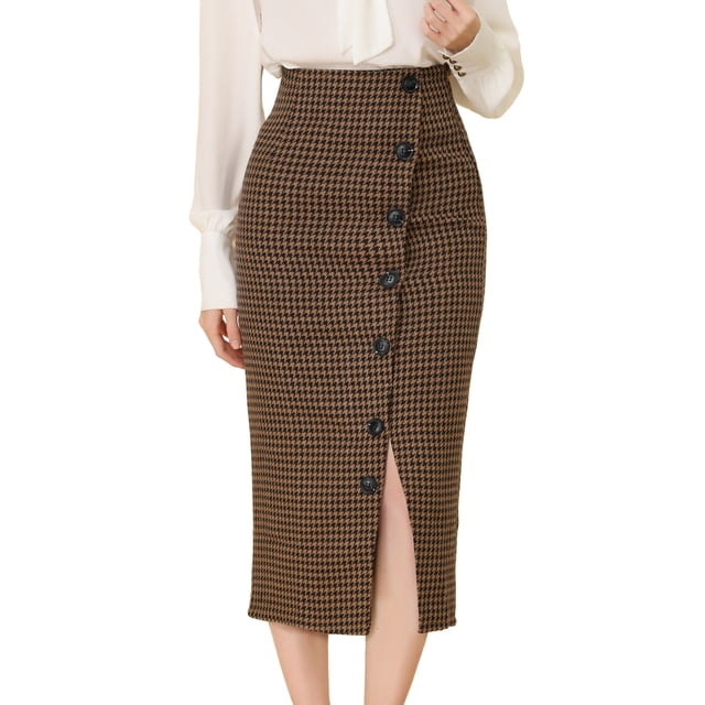 INSPIRE CHIC Elegante vestido de falda de pata de gallo con cintura elástica y botones decorativos para mujer marrón XS