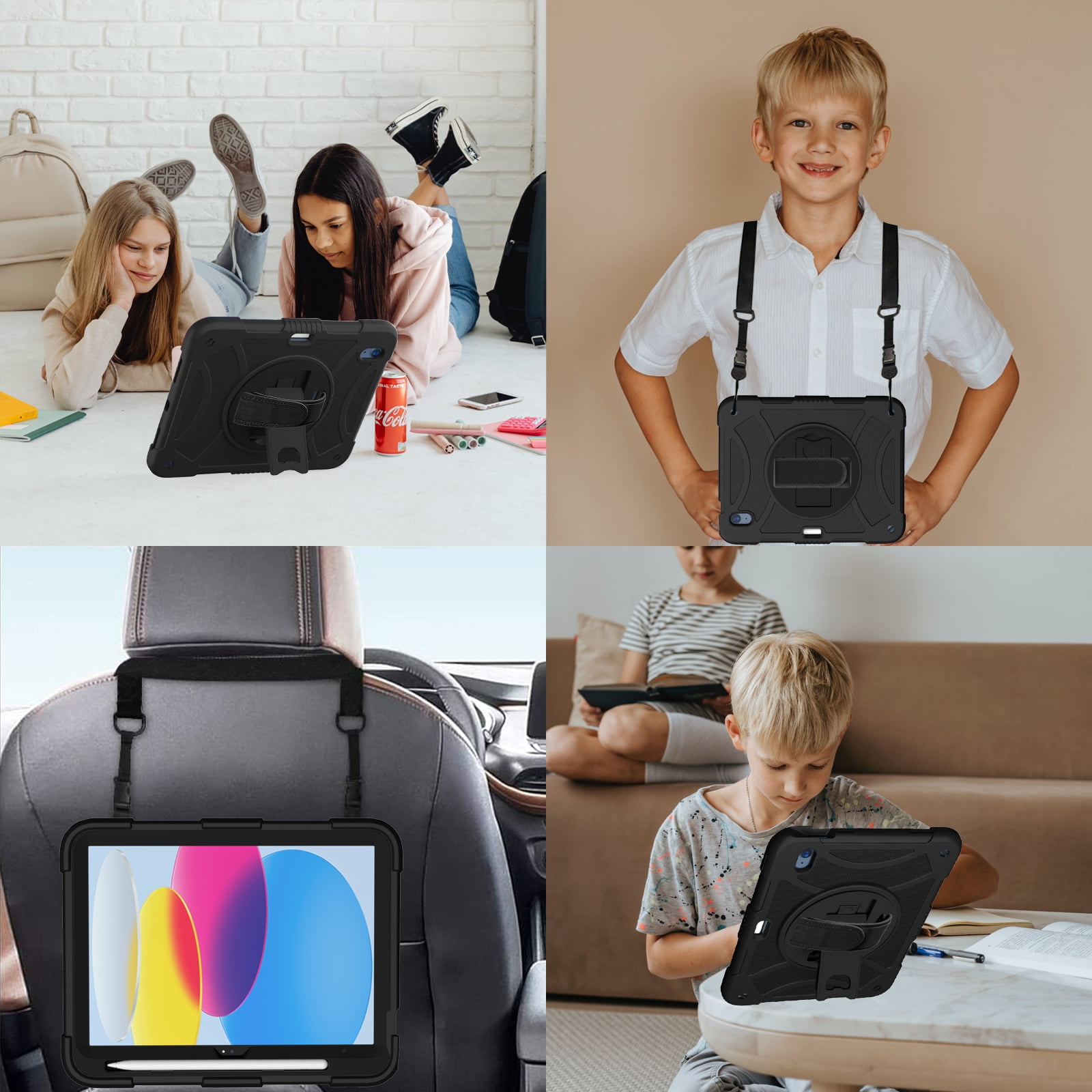 kids Case for iPad (A16) 11th Generation 11 Inch (2025), iPad 10th Generation 10.9 Inch (2022) Case, Military Grade Drop Protection with Hand/Shoulder Strap Rotating Stand Pencil Holder, Black