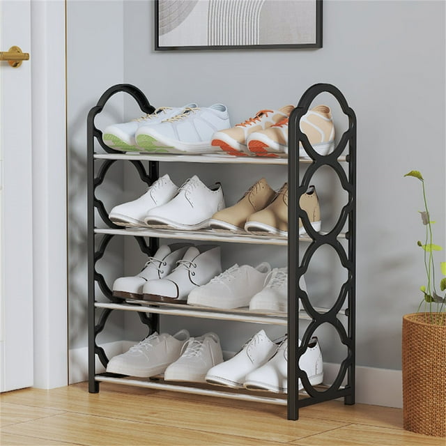 pdqouc 4 Tier Stainless Steel Shoe Rack Easy To Install and Space Saving Shoes Organizer Standing Shoes Rack with Sturdy Frame Shoe Rack for Closet Entryway Bedroom Floor Outdoor