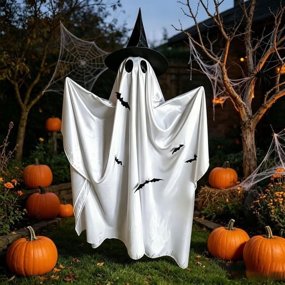 Halloween Witch Ghost Decoration 59" White Satin Hanging Figure with Black Hat & Bat Cutouts for Indoor/Outdoor Haunted Display