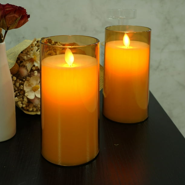 Homemory Gold Flameless Candles with Clear Shell, Flicking Battery Operated LED Pillar Radiance