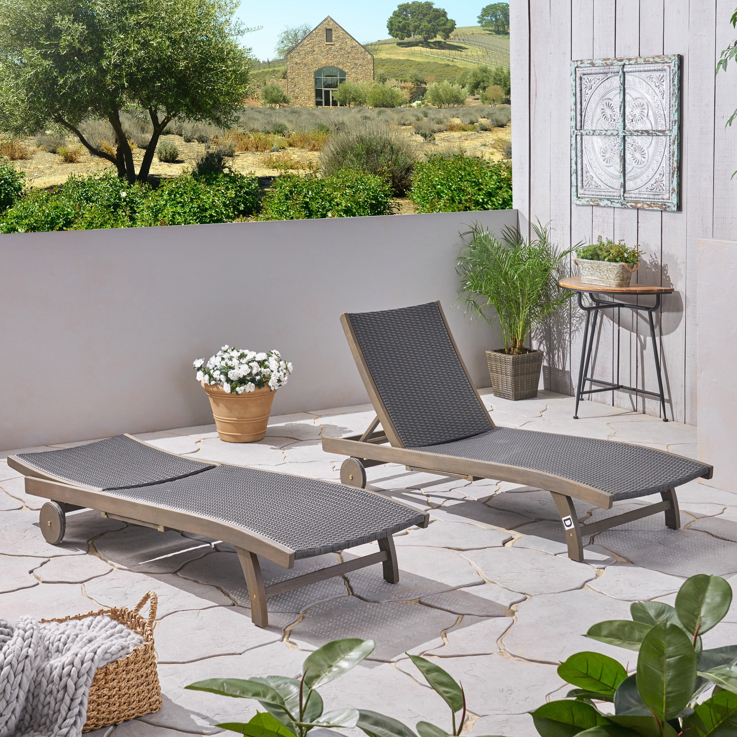 Outdoor Double Seat Chaise Lounge Set of 2 with Side Tray, Leisure Recliner Chairs for Patio Garden, Gray